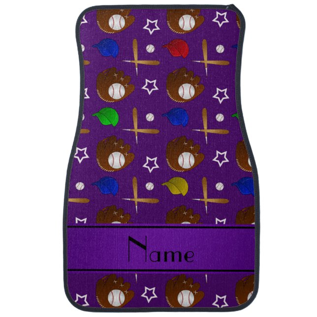 Personalized name purple baseball glove hats balls car floor mat (Front)