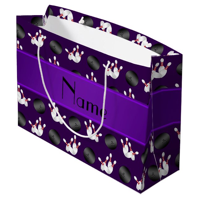 Personalized name purple bowling pattern large gift bag (Back Angled)