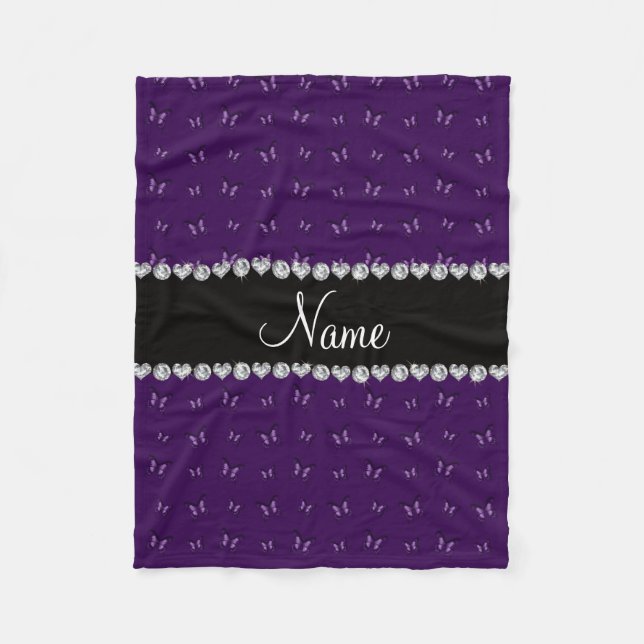 Personalized name purple butterfly pattern fleece blanket (Front)