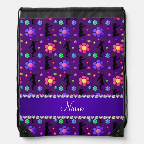 Personalized name purple cheerleading flowers drawstring bag