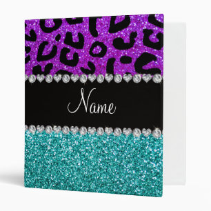 Personalized name purple cheetah turquoise glitter 3 ring binder
