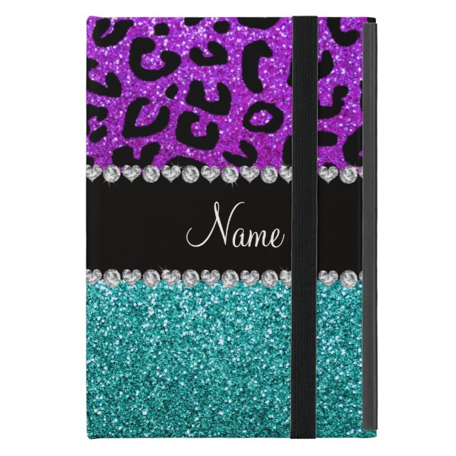 Personalized name purple cheetah turquoise glitter iPad mini cover (Front Closed)