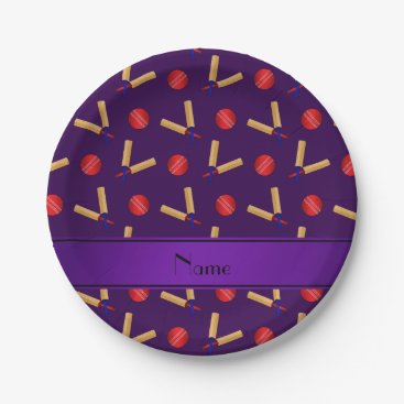 Personalized name purple cricket pattern paper plates