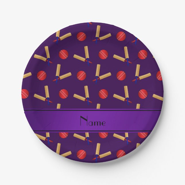 Personalized name purple cricket pattern paper plates (Front)
