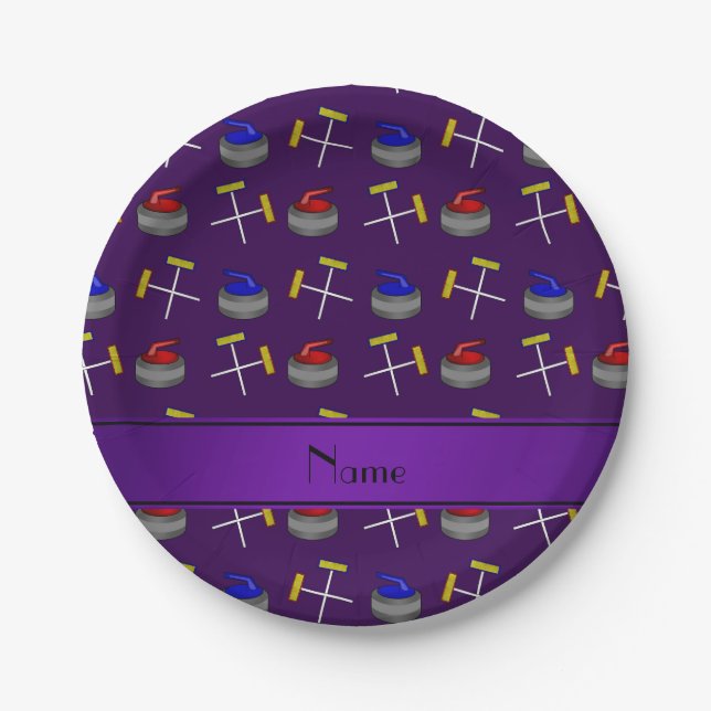 Personalized name purple curling pattern paper plates (Front)