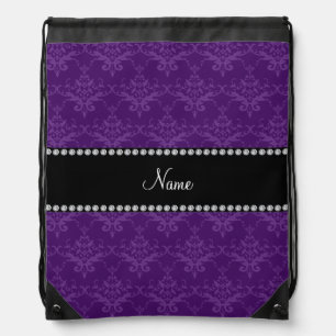 Personalized name Purple damask Drawstring Bag