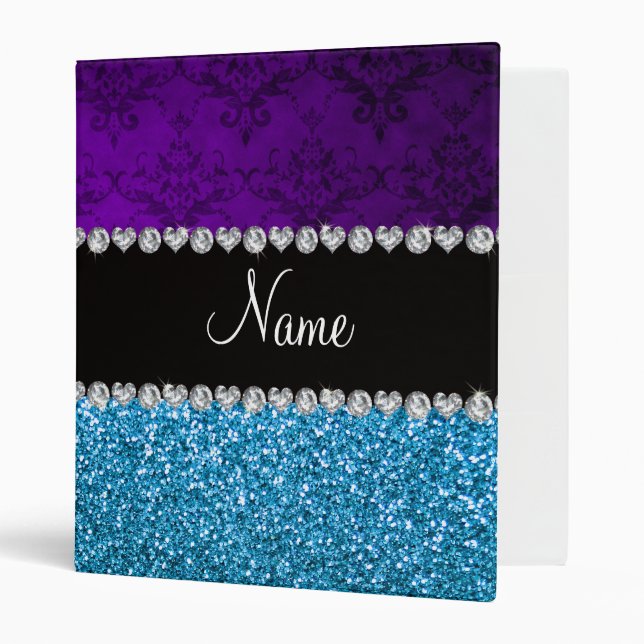 Personalized name purple damask sky blue glitter binder (Front/Inside)