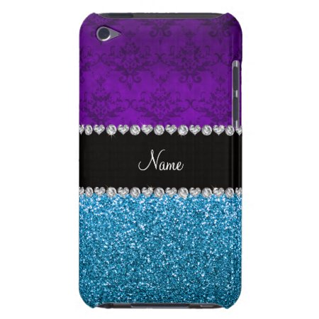 Personalized Name Purple Damask Sky Blue Glitter Ipod Touch Case