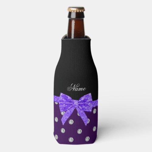 Personalized name purple diamonds purple bow bottle cooler