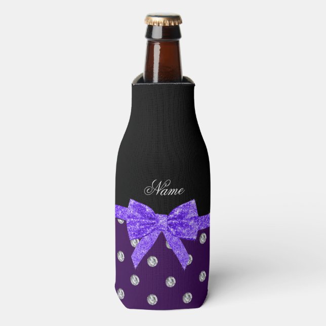 Personalized name purple diamonds purple bow bottle cooler (Bottle Front)
