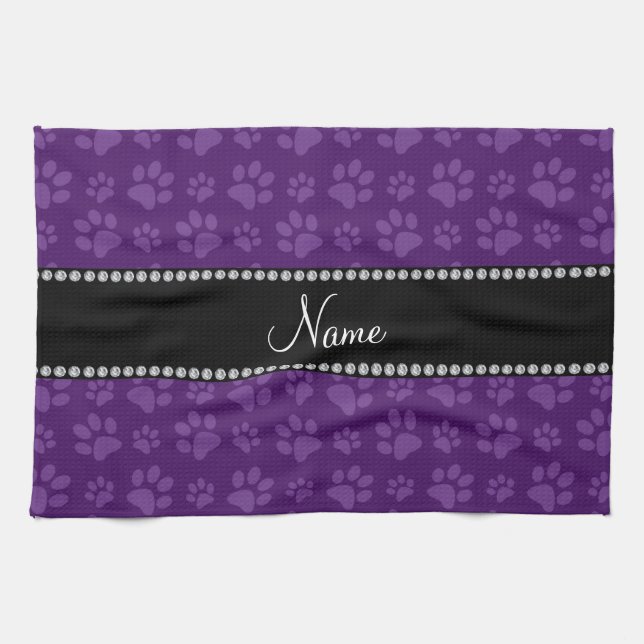Personalized name purple dog paw prints kitchen towel (Horizontal)