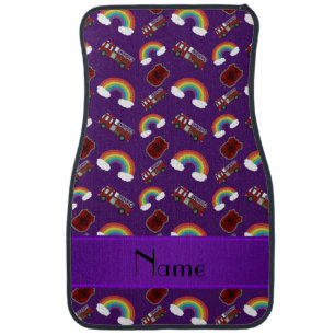 Personalized name purple fire trucks rainbows car mat
