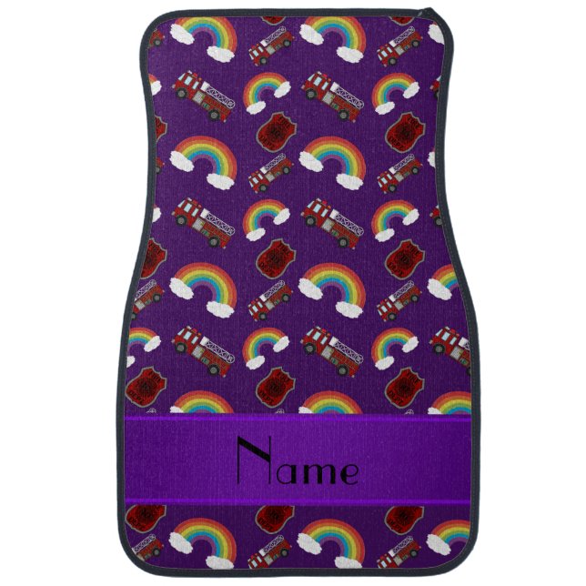 Personalized name purple fire trucks rainbows car mat (Front)