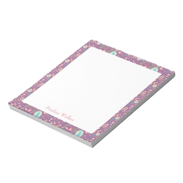 Personalized Name Purple Floral Border Simple  Notepad (Rotated)