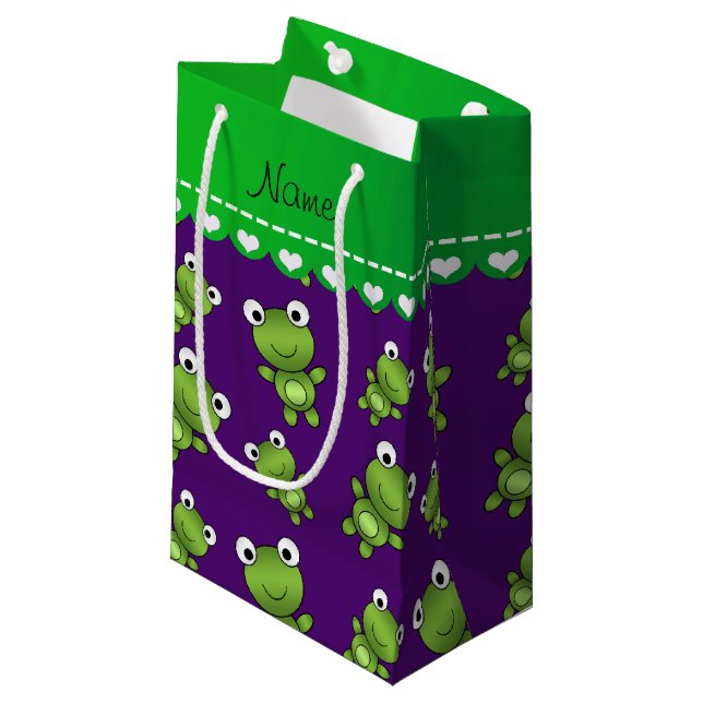 Personalized name purple frogs small gift bag (Front Angled)