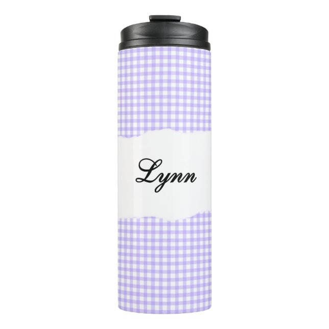Personalized Name Purple Gingham Pattern Thermal Tumbler (Front)