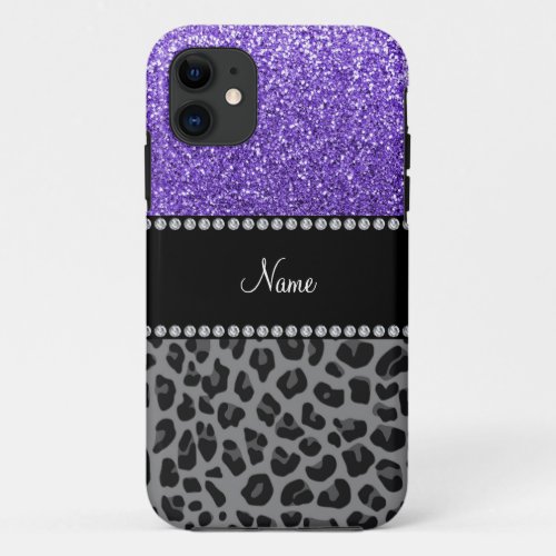 Personalized name purple glitter black leopard iPhone 11 case