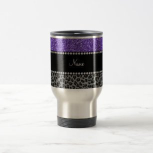 Personalized name purple glitter black leopard travel mug