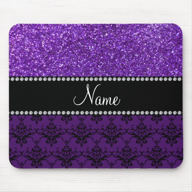 Personalized name purple glitter damask mouse pad (Front)
