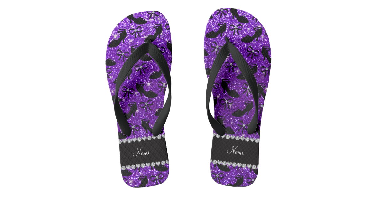 Personalized name purple glitter fancy shoes bows flip flops | Zazzle