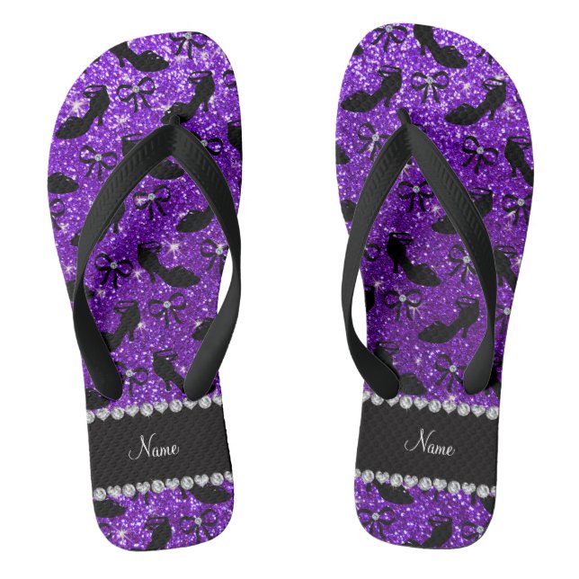 Personalized name purple glitter fancy shoes bows flip flops (Footbed)