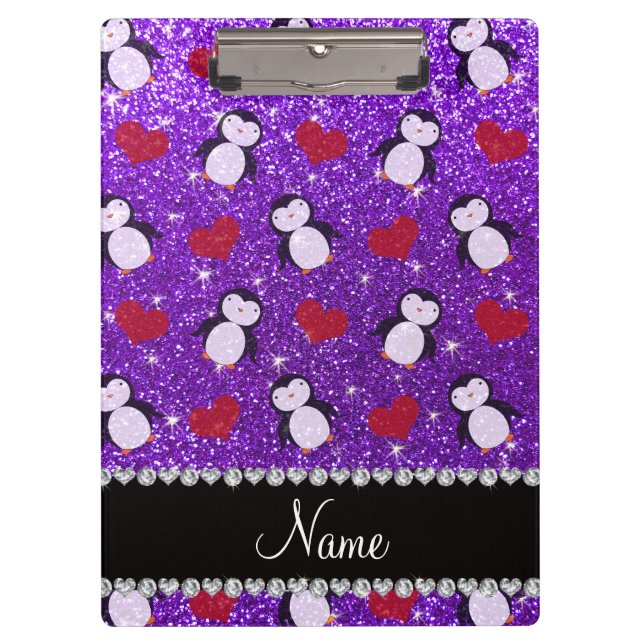 Personalized name purple glitter penguins hearts clipboard (Front)