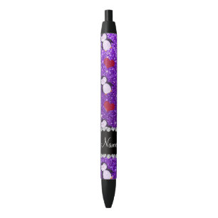 Personalized name purple glitter penguins hearts pen