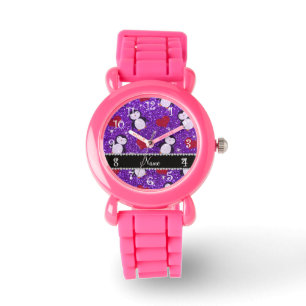 Personalized name purple glitter penguins hearts watch