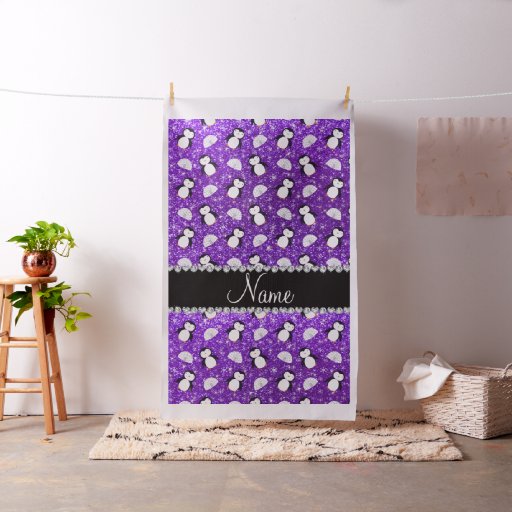 Personalized name purple glitter penguins igloos fabric