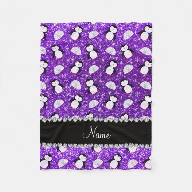 Personalized name purple glitter penguins igloos fleece blanket (Front)