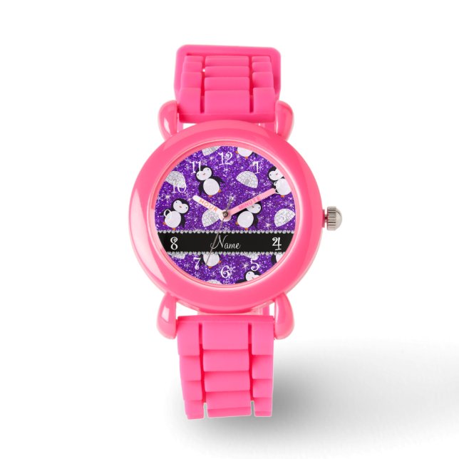 Personalized name purple glitter penguins igloos watch (Front)