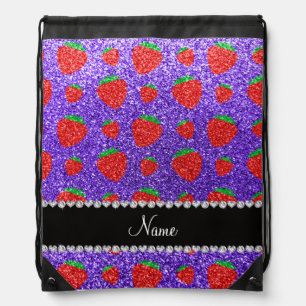 Personalized name purple glitter strawberry drawstring bag