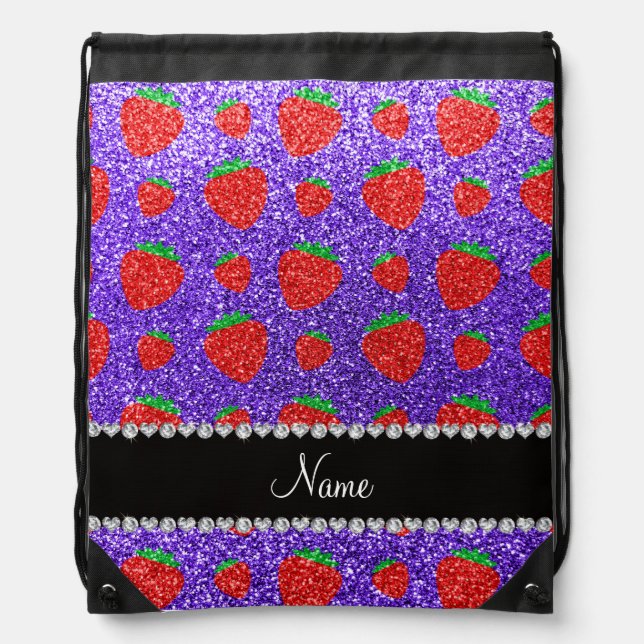 Personalized name purple glitter strawberry drawstring bag (Front)