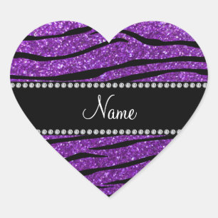 Personalized name purple glitter zebra stripes heart sticker