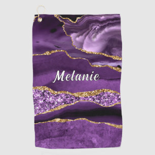 Personalized Name Purple Gold Glitter Golf Towel