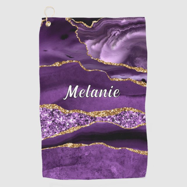Personalized Name Purple Gold Glitter Golf Towel (Front)
