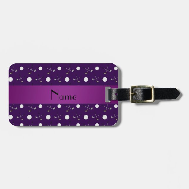Personalized name purple golf balls luggage tag (Front Horizontal)