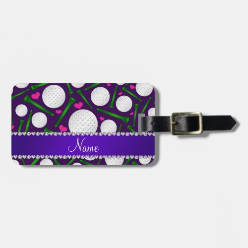 Personalized name purple golf balls tees hearts luggage tag