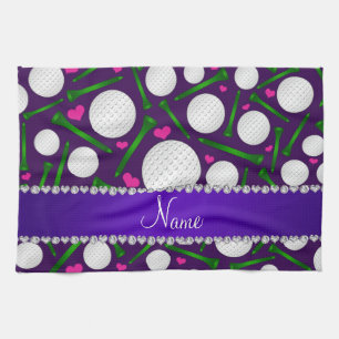 Personalized name purple golf balls tees hearts towel
