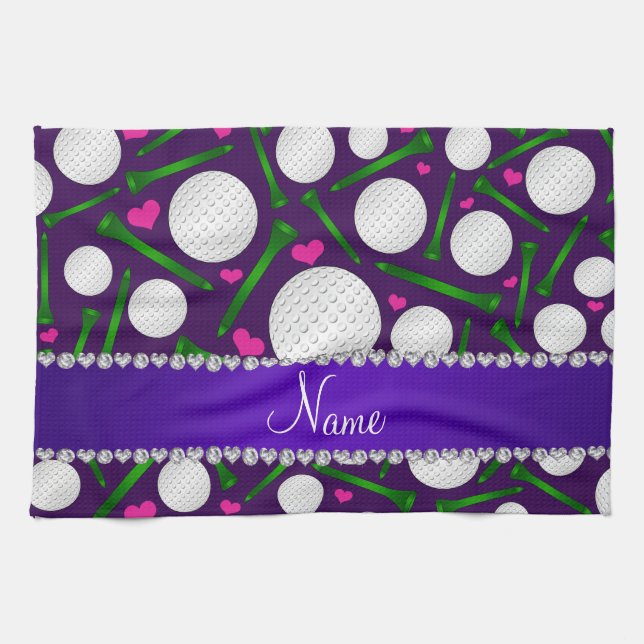 Personalized name purple golf balls tees hearts towel (Horizontal)