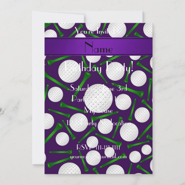 Personalized name purple golf balls tees invitation (Front)