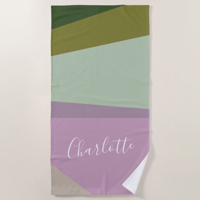 Personalized Name Purple Green Bachelorette Favor Beach Towel (Front)