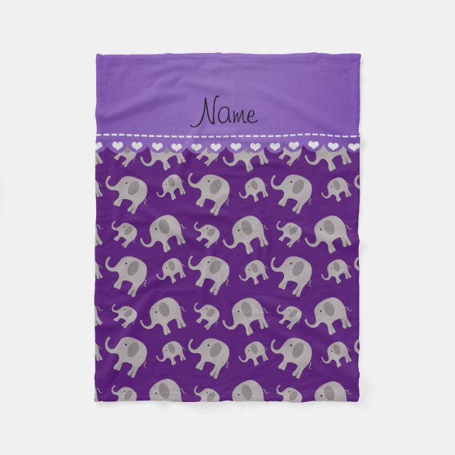 Personalized name purple grey elephants fleece blanket (Front)