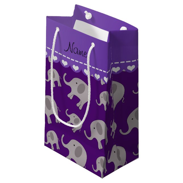 Personalized name purple grey elephants small gift bag (Front Angled)