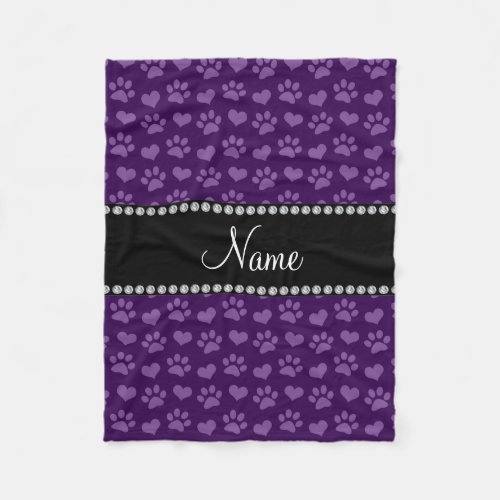 Personalized name purple hearts and paw prints fleece blanket