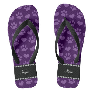Personalized name purple hearts and paw prints flip flops