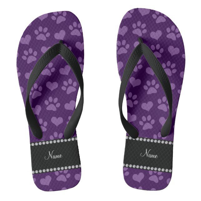 Personalized name purple hearts and paw prints flip flops (Footbed)