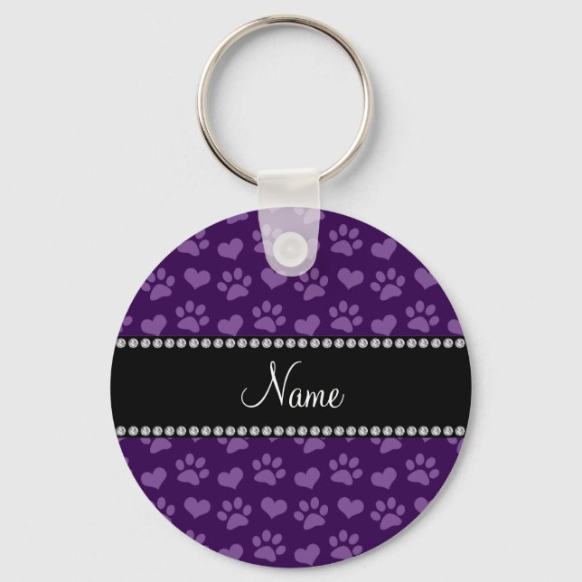 Personalized name purple hearts and paw prints keychain (Front)