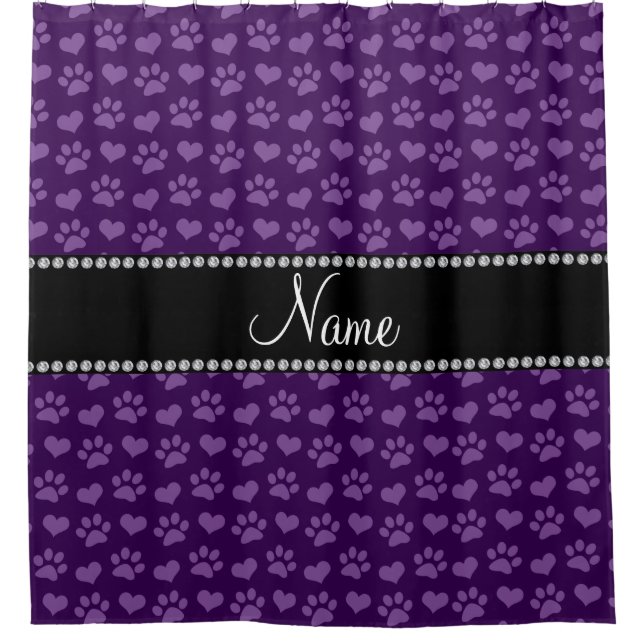 Personalized name purple hearts and paw prints shower curtain (Front)