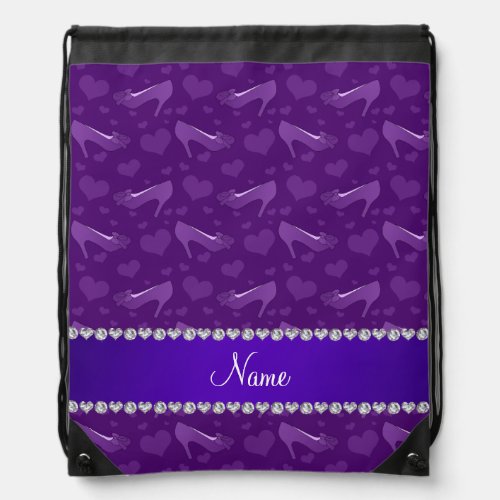 Personalized name purple hearts shoes bows drawstring bag